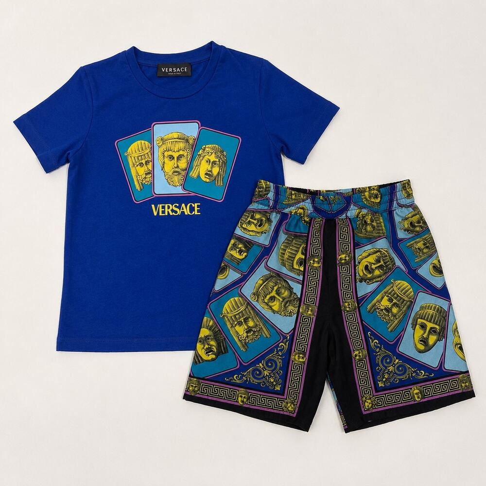 Versace Boys 2PC Matching Set Size 6A Blue Le Maschere Silk Short Cotton Shirt